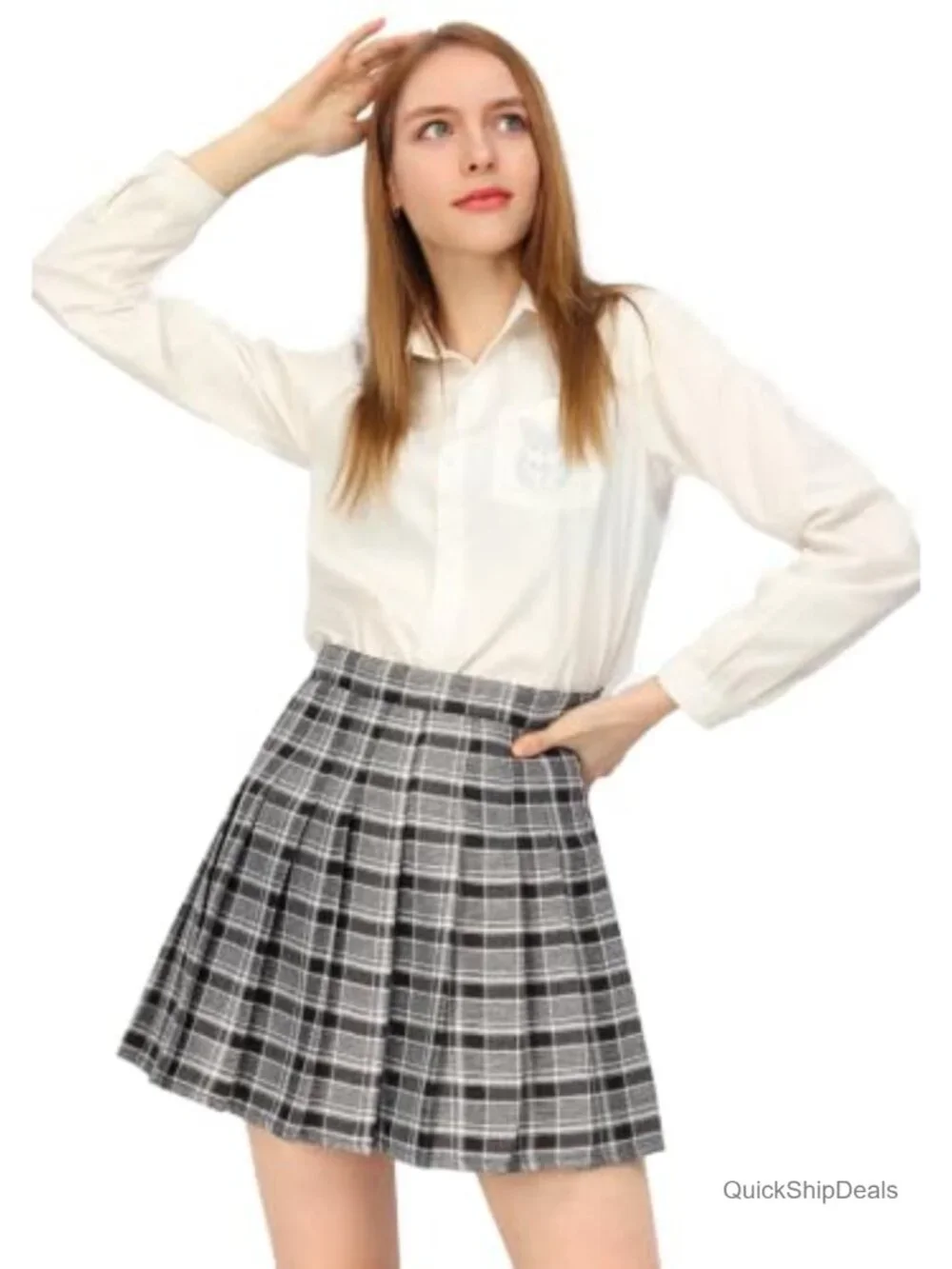 Plaid Pleated Skater Skirt with Shorts High Waist A-Line Schoolgirl